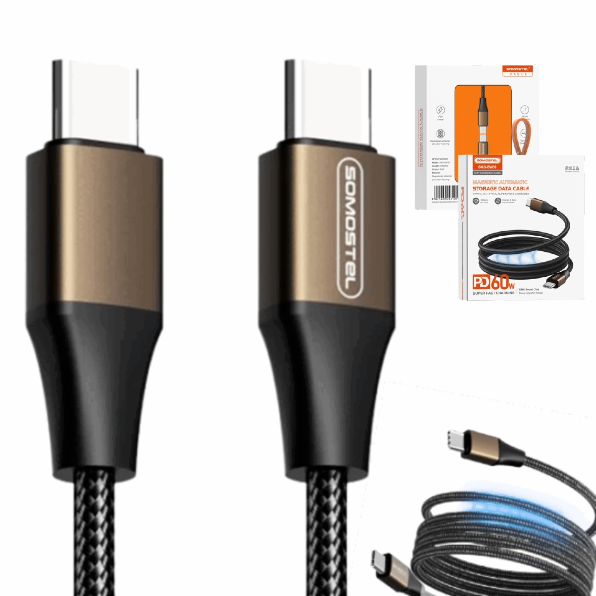 Cable PD 60W Tipo-C A Tipo-C 1MT / Acordonado / Enrolle Magnético / SOMOSTEL SMS-BW30