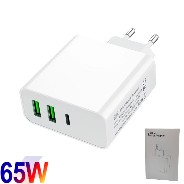 Cargador De Pared USB Con Puerto Tipo-C PD 65W / GaN + 2 Puertos USB