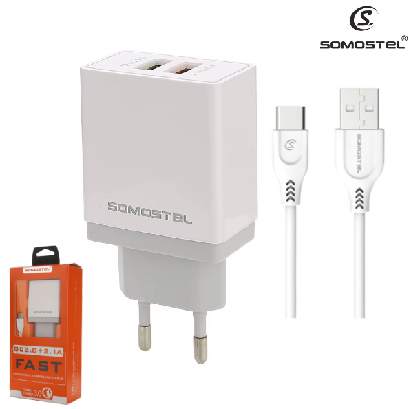 Cargador De Pared Somostel Doble Puerto USB + Cable USB A Tipo-C (A17)