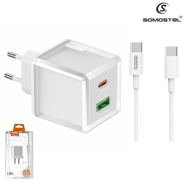Cargador De Pared Somostel PD 35W + Puerto USB Con Cable Tipo-C A Tipo-C (Q33)