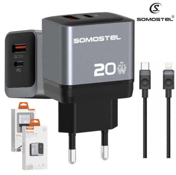 Cargador De Pared Somostel PD 20W + Puerto USB QC3.0 Con Cable PD Tipo-C A Lightning (Para iPhone) (Q95)