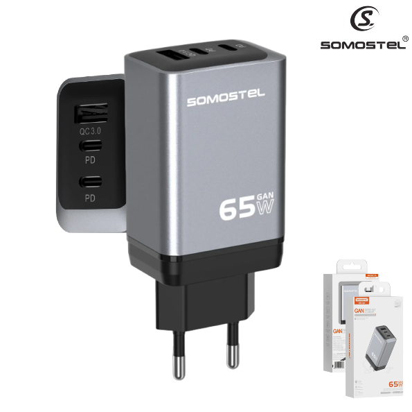 Cargador De Pared Somostel Doble Puerto PD 65W (MAX) GAN + Puerto USB QC3.0 (Q99)
