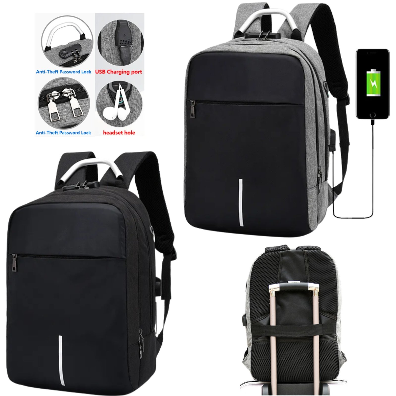 Mochila Anti Robo / 45cm * 30cm * 20cm / Con Puerto USB / Con Combinación