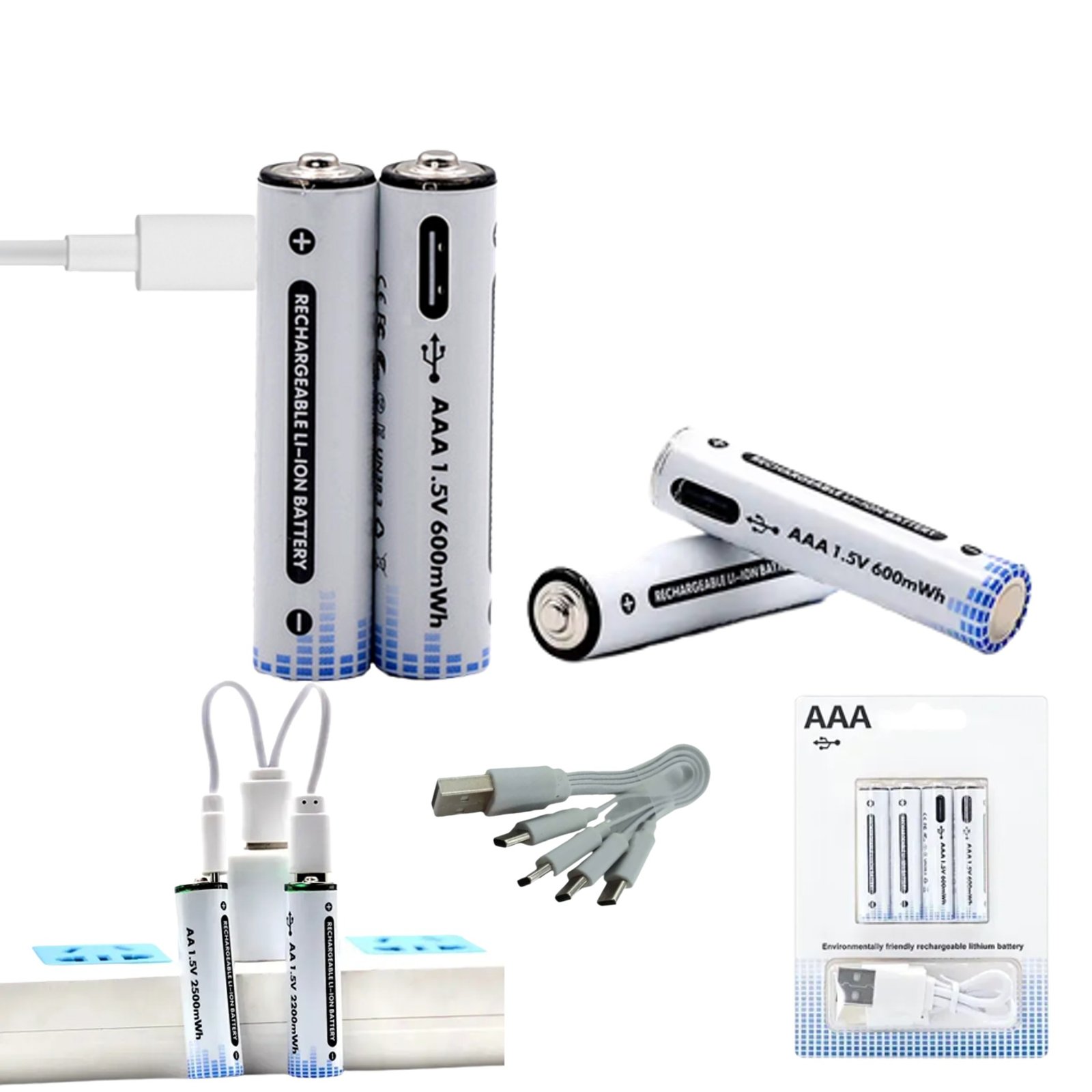 Pilas Recargables Vía Puerto Tipo-C AAA 400mAh / 600mWh / 1.5V / LI-ION / X 4 UNIDADES + Cable USB A 4 Tipo-C