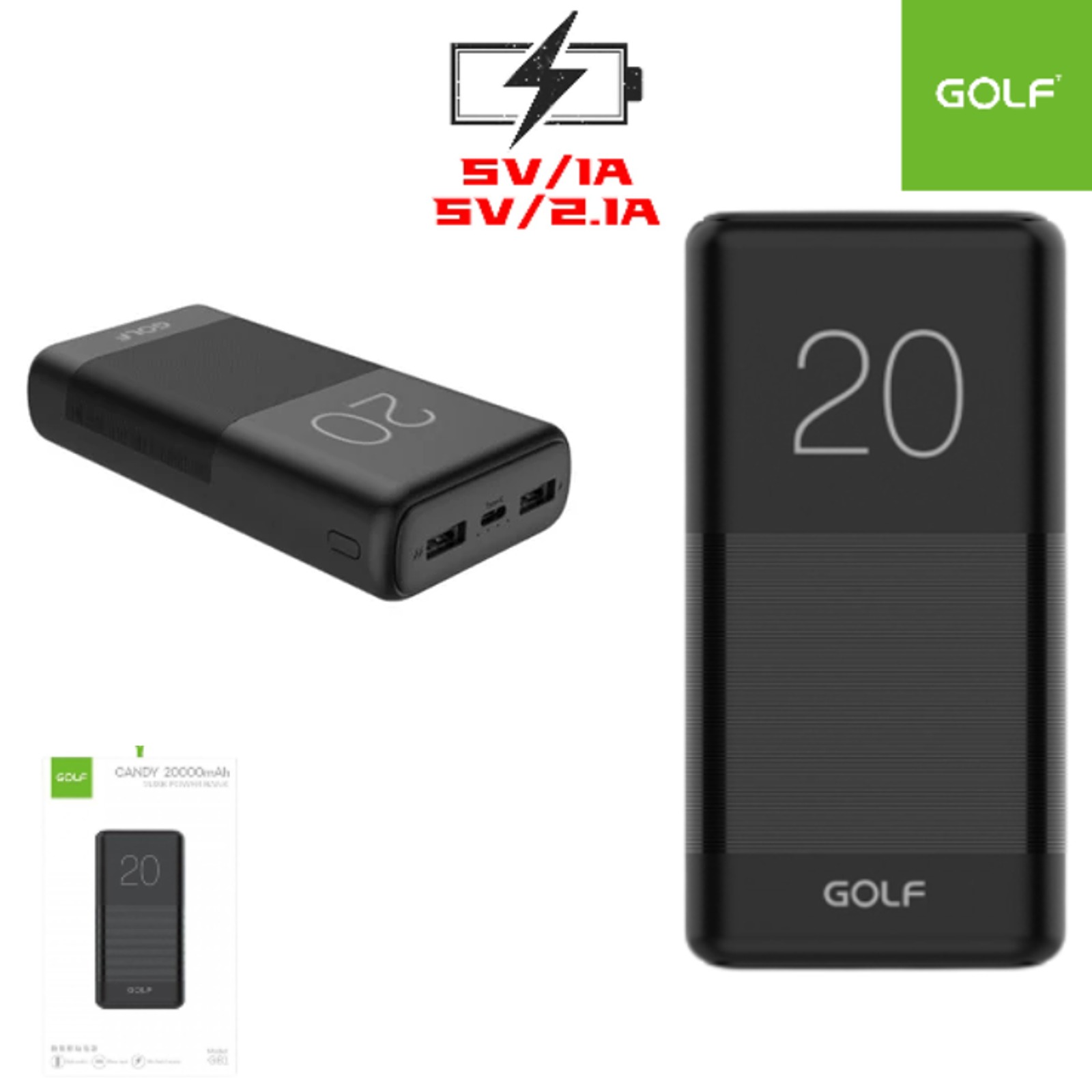 Power Bank GOLF 20000 MAH Doble USB (5V) + Puerto C (5V) / Polímero G81-C