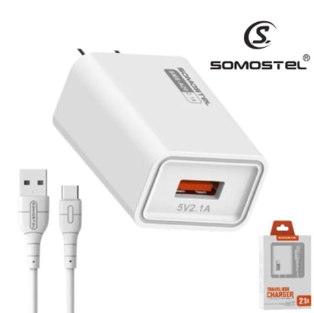 Cargador De Pared SOMOSTEL Puerto USB 2.1A + Cable Tipo-C (A20)