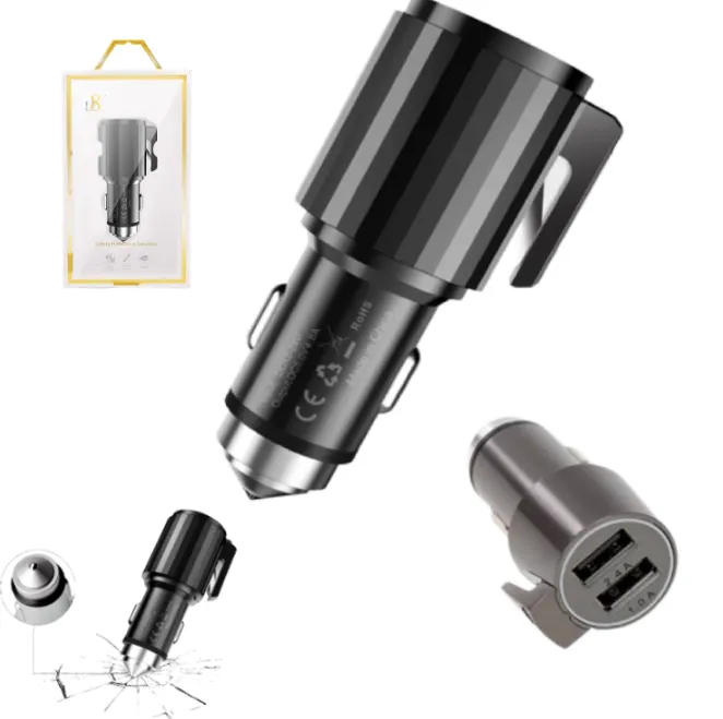 Cargador De Auto Doble USB 4.8A MAX / Martillo De Emergencia / Cuchilla / Metálico / D8