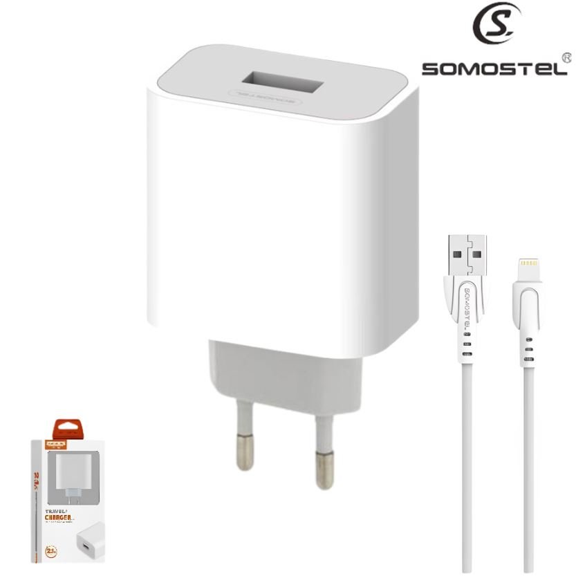 Cargador USB QC3.0 De Pared Somostel + Cable Para iPhone Lightning (Q41)