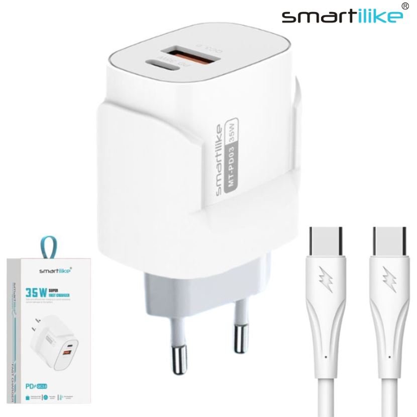 Cargador USB Smartilike PD Tipo-C 35W + Puerto USB QC3.0 Con Cable Tipo-C A Tipo-C