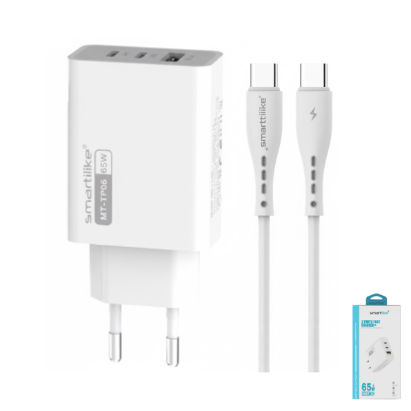 Cargador De Pared SmartiLike 65W Triple Puerto PD + 2 USB + Cable PD Tipo-C A Tipo-C / MT-TP06