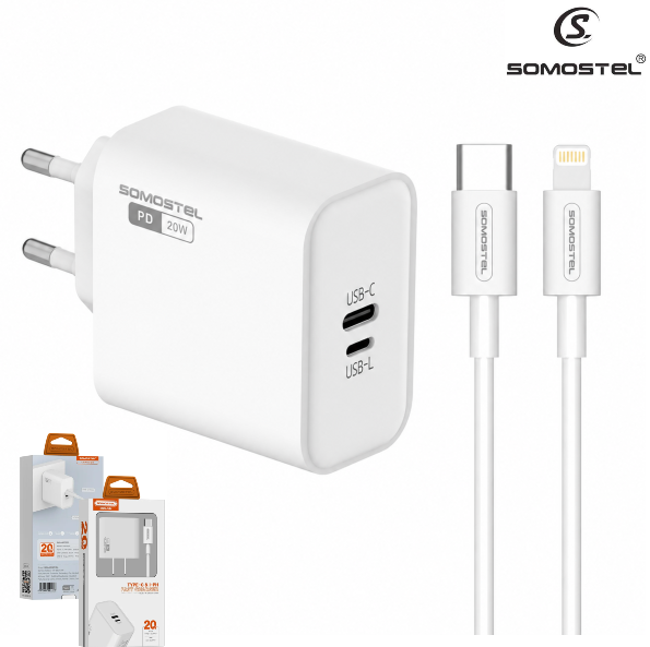 Cargador De Pared Somostel PD 20W + Puerto Lightning Con Cable Tipo-C A Lightning (Q44)