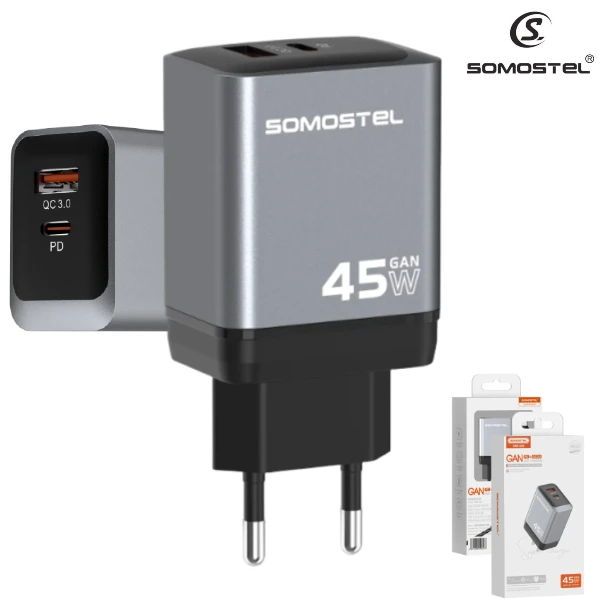 Cargador De Pared Somostel PD 45W GAN + Puerto USB QC3.0 (Q98)