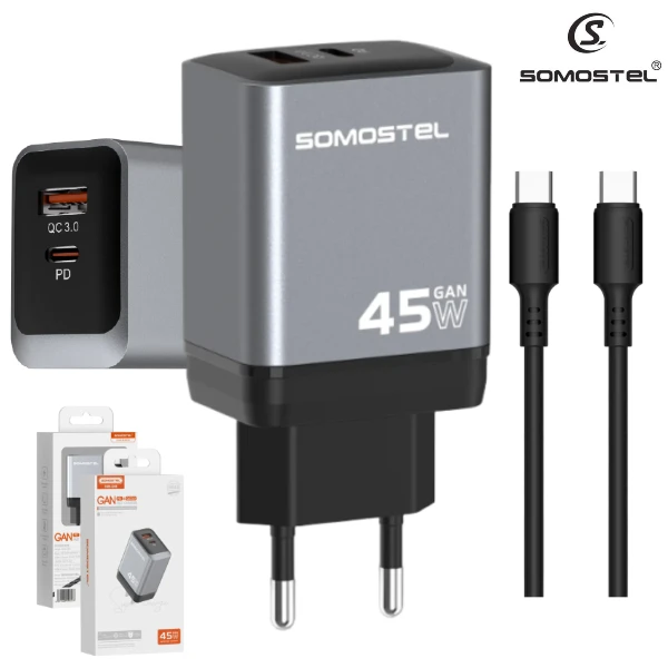 Cargador De Pared Somostel PD 45W GAN + Puerto USB QC3.0 Con Cable Tipo-C A Tipo-C (Q98)