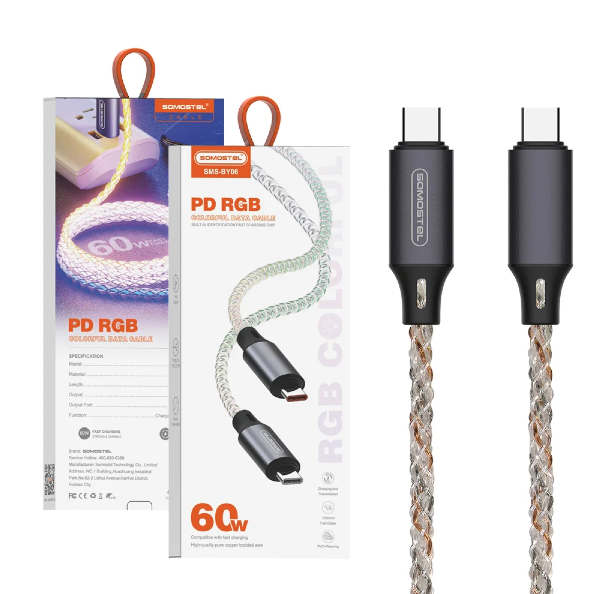 Cable PD 60W Tipo-C A Tipo-C 1MT / Acordonado / Con Luces RGB / Somostel SMS-BY06