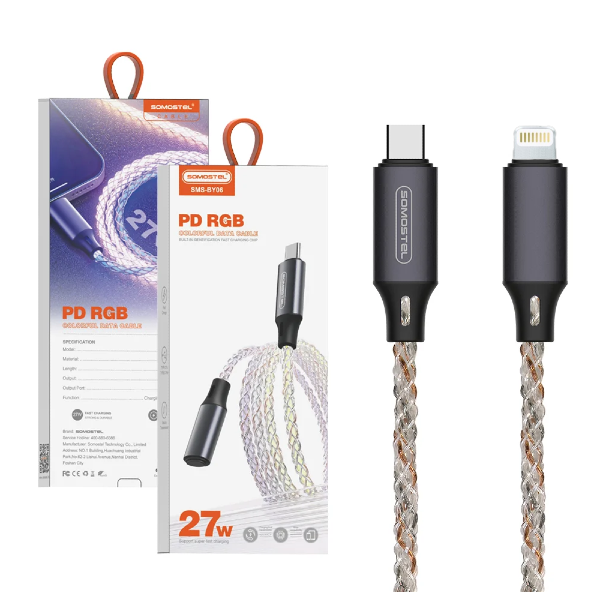 Cable PD 27W Tipo-C Para iPhone Lightning 1MT / Acordonado / Con Luces RGB / Somostel SMS-BY06