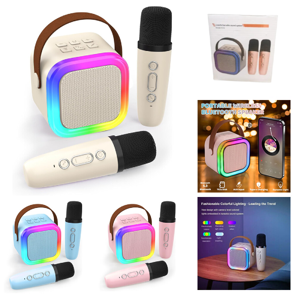 Parlante Bluetooth Karaoke Con 2 Micrófonos / Luces Led RGB / MicroSD / AUX 3.5MM / K12