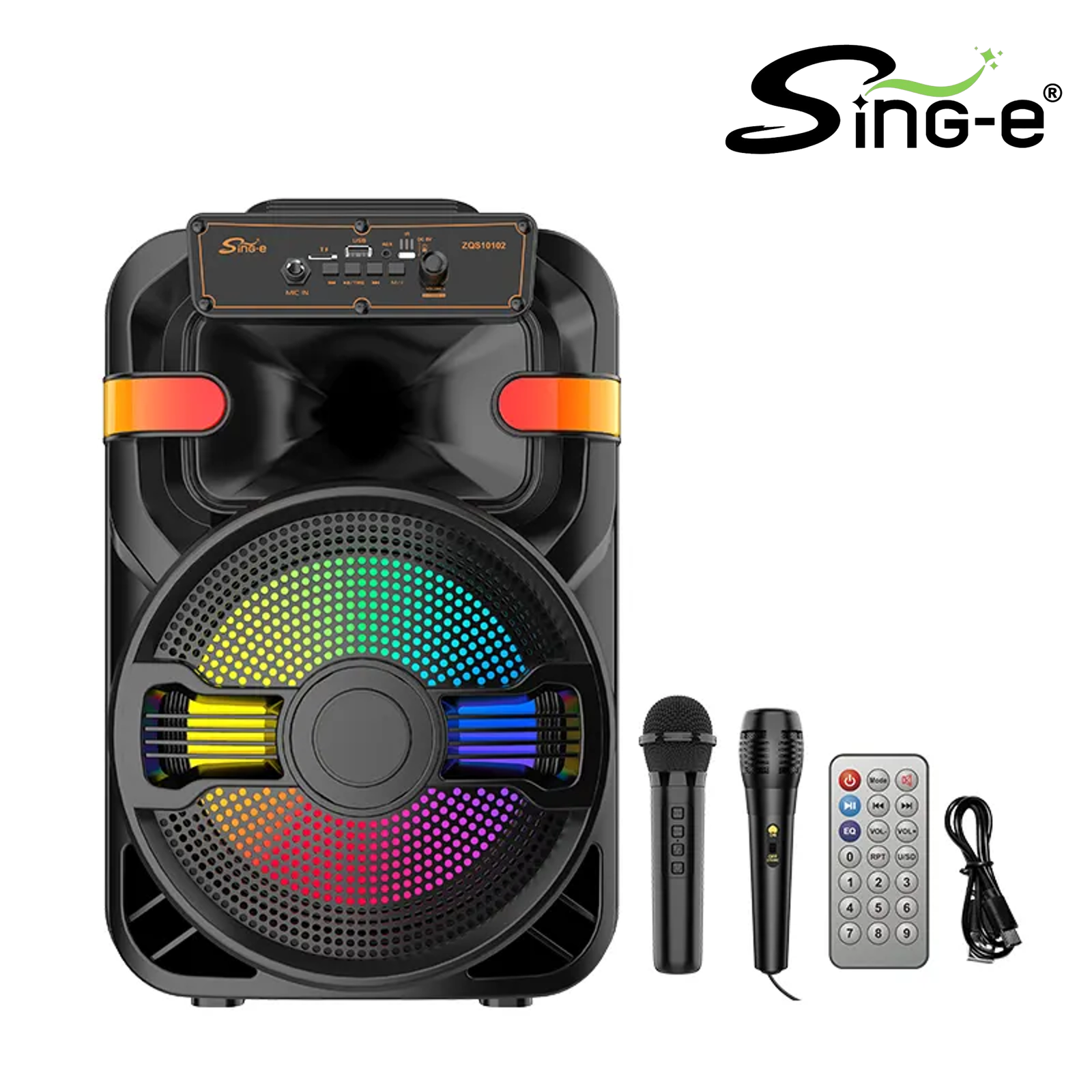Parlante 10″ Bluetooth Con 2 Micrófonos Y Control / Radio FM / MicroSD / USB / AUX 3.5mm / 30W / 2000W P.M.P.O / 2400mah / Sing-e ZQS10102