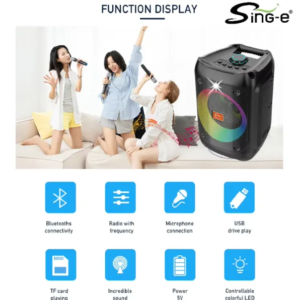 Parlante 4″ Bluetooth / Radio FM / MicroSD / USB / AUX 3.5mm / 8W / 1500mah / Sing-e ZQS-14105