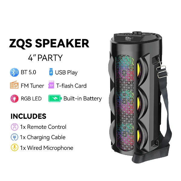 Parlante 4″x3 Bluetooth Con Micrófono Y Control / Radio FM / MicroSD / USB / AUX 3.5mm / 15W / 4800W P.M.P.O / 1800mah / Sing-e ZQS-4303