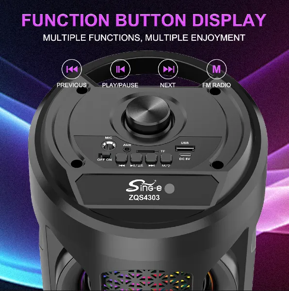 Parlante 4″x3 Bluetooth Con Micrófono Y Control / Radio FM / MicroSD / USB / AUX 3.5mm / 15W / 4800W P.M.P.O / 1800mah / Sing-e ZQS-4303