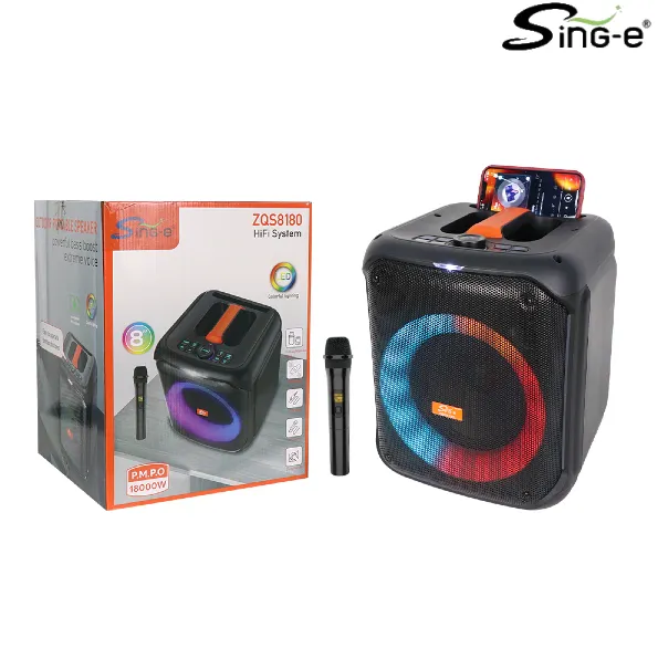 Parlante 8″ Bluetooth Con Micrófono / Con DSP / Radio FM / MicroSD / USB / AUX 3.5mm / 40W / 18000W P.M.P.O / 3000mah / Sing-e ZQS-8180