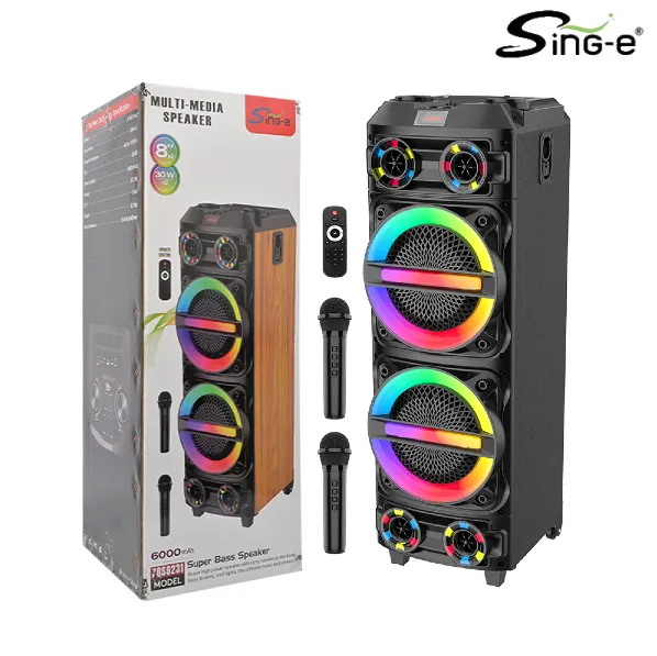 Parlante 8″x2 Bluetooth Con 2 Micrófonos Y Control / Con DSP / Radio FM / MicroSD / USB / AUX 3.5mm / 30Wx2 / 6000mah / Con DSP / Sing-e ZQS-8231