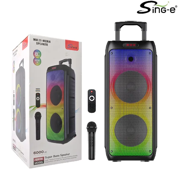 Parlante 8″x2 Bluetooth Con Micrófono Y Control / Con DSP / Radio FM / MicroSD / USB / AUX 3.5mm / 30Wx2 / 6000mah / Sing-e ZQS-8236