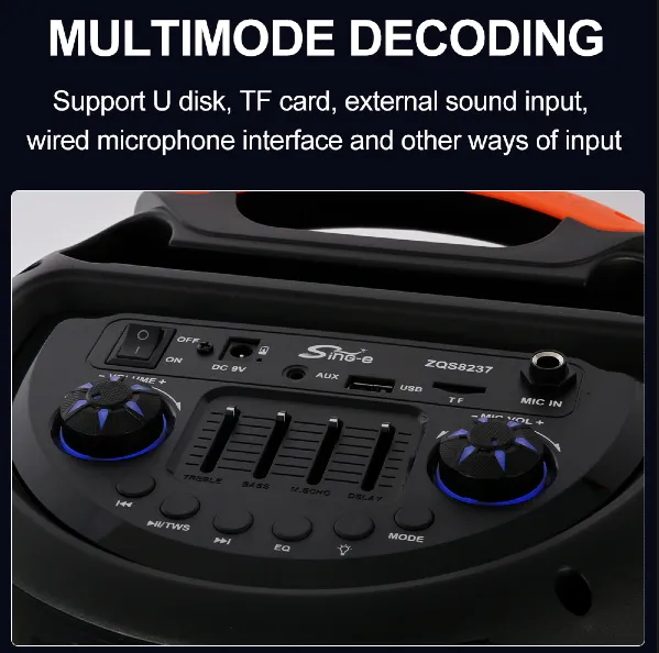 Parlante 8″x2 Bluetooth Con Micrófono Y Control / Con DSP / Radio FM / MicroSD / USB / AUX 3.5mm / 30W*2 / 6000mah / Sing-e ZQS-8237