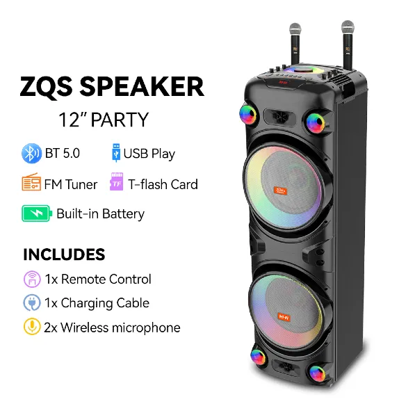 Parlante 12″x2 Bluetooth Con 2 Micrófonos Y Control / Con DSP / Radio FM / MicroSD / USB / AUX 3.5mm / 50Wx2 / 30000W P.M.P.O / 6600mah / Sing-e JQS-9055