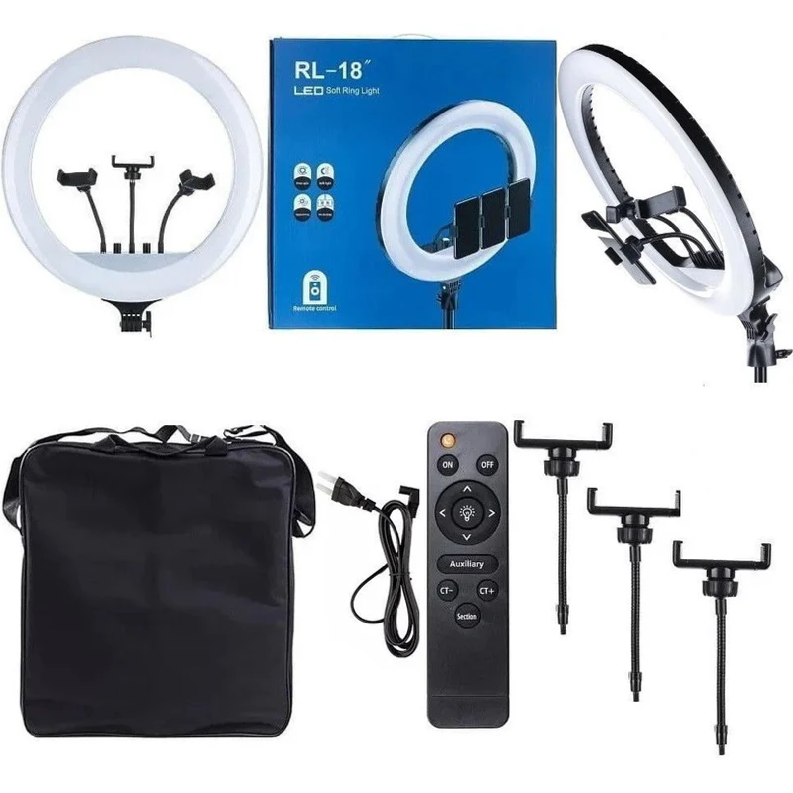 Aro Anillo Luz Led 45cm / 55W / 480 LEDS / 2 USB / 3 Soportes Para Celular Con Control / 220V / RL-18″