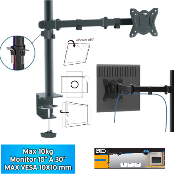 Soporte Para Monitor De 10″ A 30″ / MAX 10KG / MAX VESA 100X100MM / Brazo Articulado / 2.3mm Grosor
