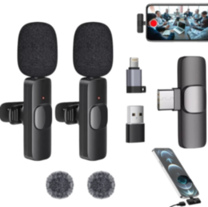 2 Micrófonos Inalámbricos Solaperos Para Celular Tipo-C + Adaptador Para iPhone Lightning + Adaptador USB Para PC / Con Filtro / Con Puerto De Carga / K9