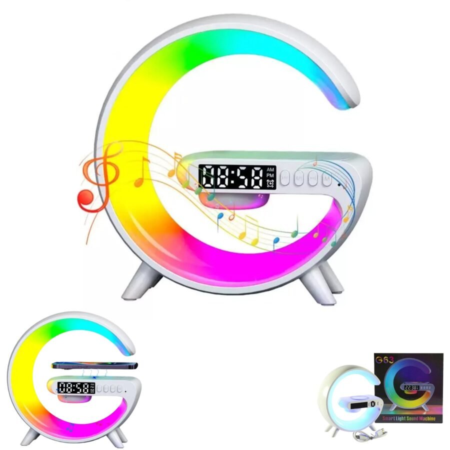 Lampara Veladora G / Reloj Despertador / Parlante Bluetooth / Luces Led ARGB / Cargador Inalámbrico QI 15W / MicroSD / G63