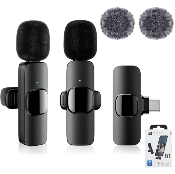 2 Micrófonos Inalámbricos Solaperos Para Celular Tipo C / Con Filtro / Con Puerto De Carga / K9