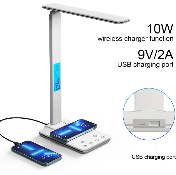 Lampara De Escritorio Luz Led Con Pantalla Digital / Reloj Alarma Despertador / Hora / Fecha / Temperatura / Carga Inalámbrica QI 10W