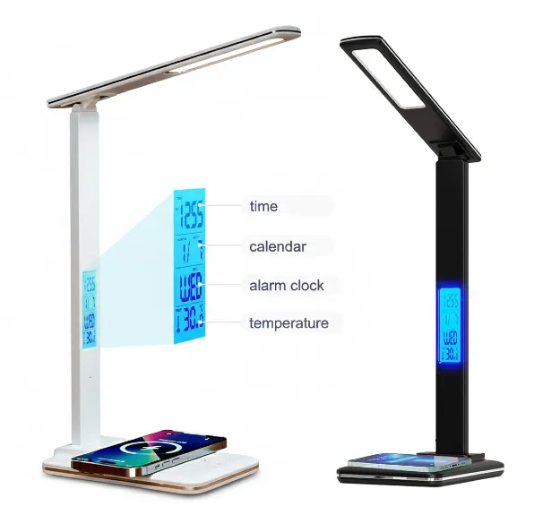Lampara De Escritorio Luz Led Con Pantalla Digital / Reloj Alarma Despertador / Hora / Fecha / Temperatura / Carga Inalámbrica QI 10W