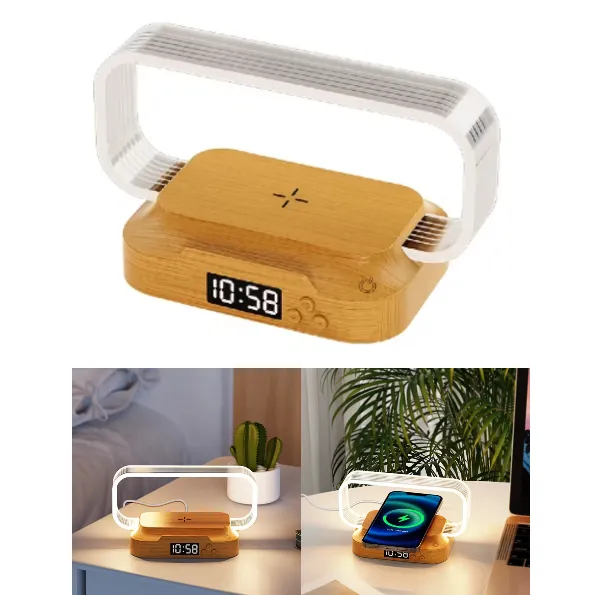 Lampara Luz Led Escritorio Con Reloj / Carga Inalámbrica QI 15W / WR06C