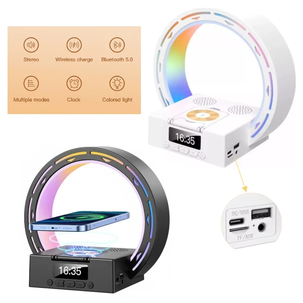 Lampara Luz Led Parlante Bluetooth / Reloj Con Alarma Despertador / Carga Inalámbrica QI 15W