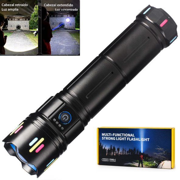 Linterna Led Recargable 20W Aluminio / Con Lupa Y Lentes De Colores
