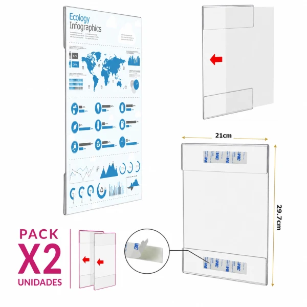 PACK 2 Porta Hojas A4 En Acrílico Exhibidor Para Pared / Vertical / 21*29.7cm * 2.3mm