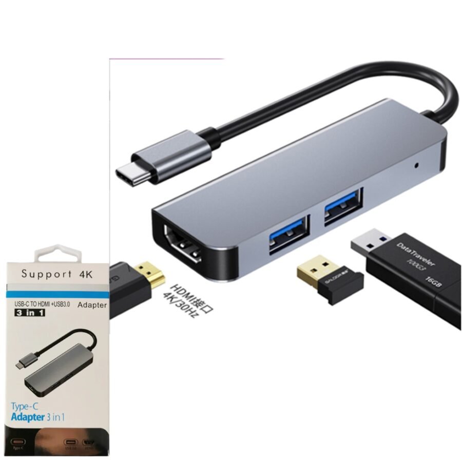 Adaptador HUB Tipo-C 3 En 1 Metálico (USB 3.0 / USB 2.0 / HDTV)