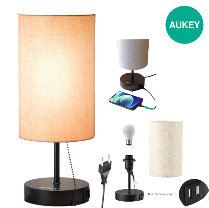 Lampara Portátil AUKEY De Escritorio Metálica Con 2 USB / 220V / Lampara Lec E26 Incluida