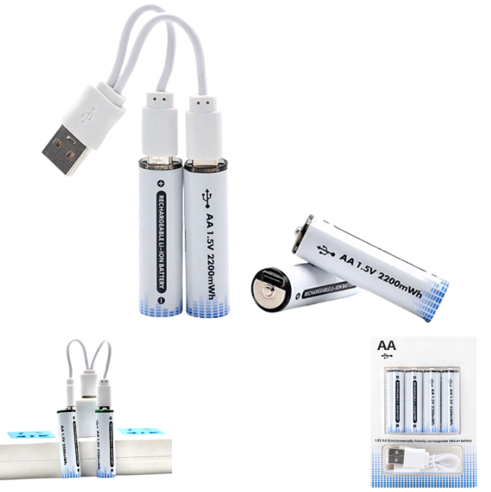 Pilas Recargables Vía Puerto Tipo-C AA 450mAh / 2200mWh / 1.5V / LI-ION / X 4 UNIDADES + Cable USB A 4 Tipo-C