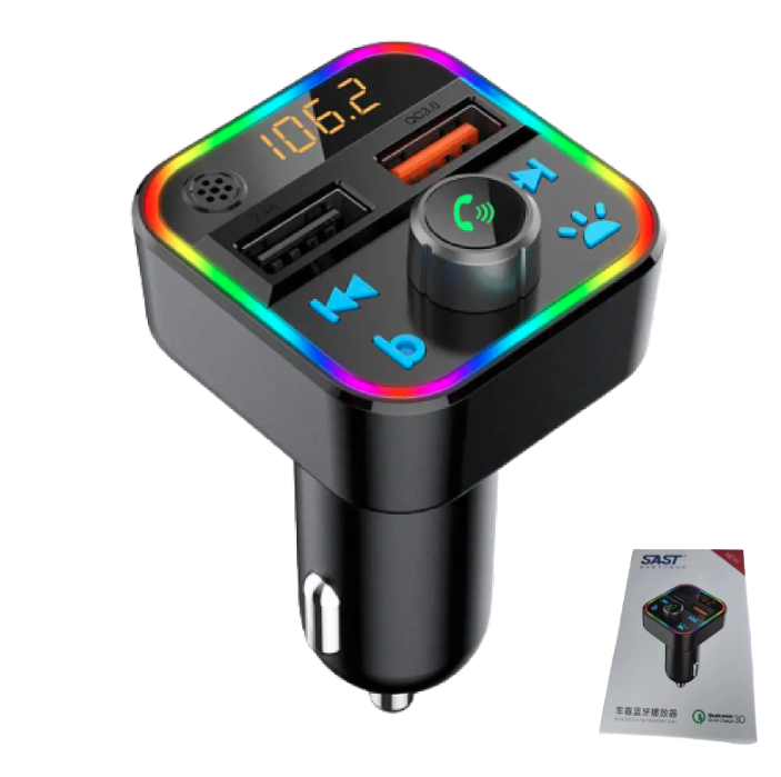 Sintonizador / Emisor Radio FM Bluetooth Con 2 USB / FAST CHARGE QC3.0 / 30W / MicroSD / Luces Led RGB / SAST