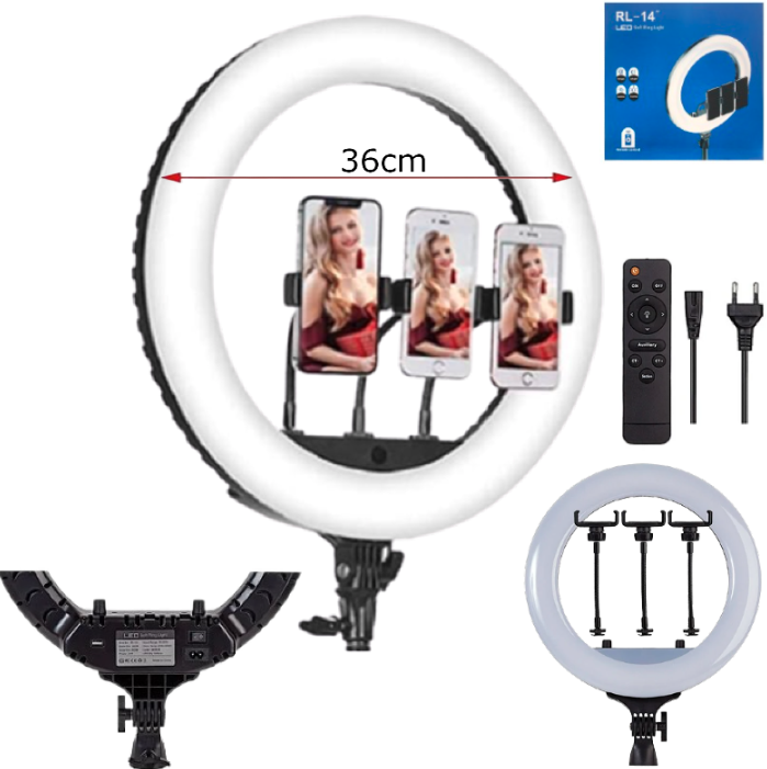 Aro Anillo Luz Led 36cm / 36W / 280 Leds / 1 USB + 3 Soportes Para Celular / Control Remoto / 220V / RL-14″