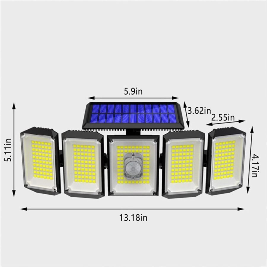Foco Solar 5 Cabezas / 45W / 2400 Mah / 300 Led COB / Control Remoto / Sensor de Movimiento